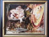 an oil painting of a man riding a horse in front of a flag