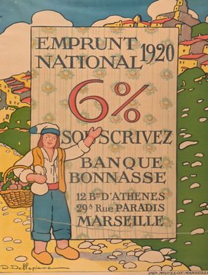 affiche représentant une femme tenant un panier de fruits devant un village