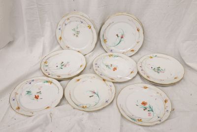 six plates with floral designs are arranged on a white table cloth