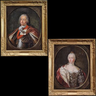 deux portraits d'un homme et d'une femme, dont l'un tient une épée