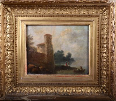 un tableau représentant un château dans un champ, avec un bateau dans l'eau