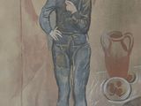 painting of a man standing in front of a table with a bowl of fruit