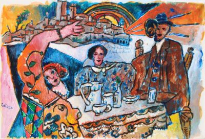 tableau représentant un groupe de personnes assises autour d'une table avec des verres