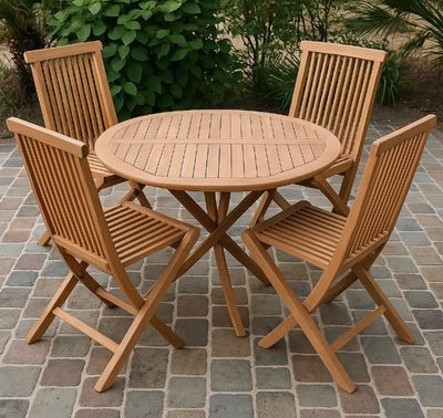 Salon de jardin en teck composé de: 1 Table ronde pliable di…