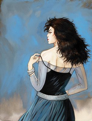 tableau représentant une femme en robe bleue debout devant un ciel bleu