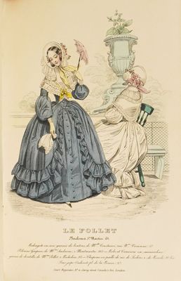 an old fashion illustration of a woman in a blue dress and a woman in a pink dress
