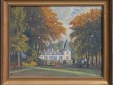 an oil painting of a white house in a wooded area