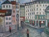 tableau représentant un homme marchant dans une rue, avec des bâtiments en arrière-plan