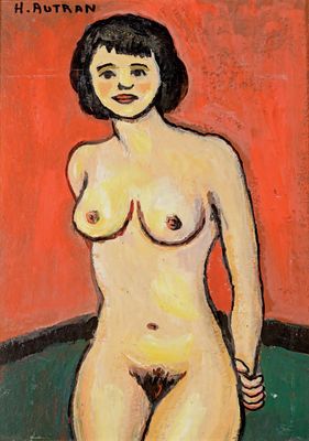 une image représentant un tableau où l'on voit une femme nue debout devant un mur rouge