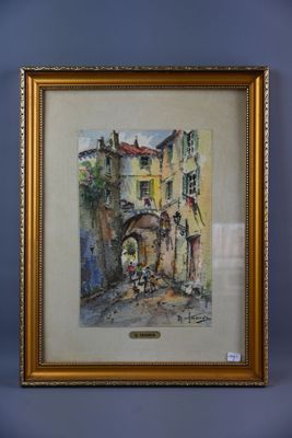une image d'une peinture représentant une scène de rue dans un cadre doré