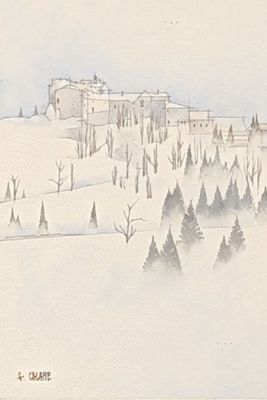 un dessin représentant une maison au milieu d'un champ enneigé