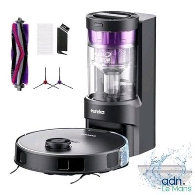 une photo d'un aspirateur noir et violet à côté d'autres objets