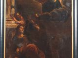 a painting of a man kneeling down next to a woman holding a baby