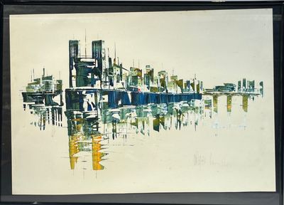 une image d'une peinture d'une ville au bord de l'eau