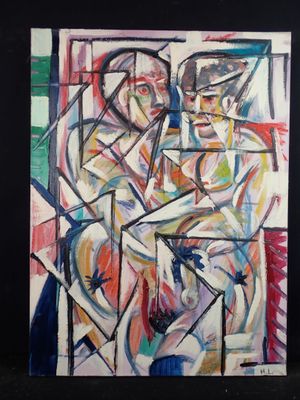 peinture abstraite représentant un homme et une femme assis sur une chaise