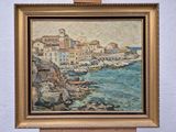 une image d'une peinture d'une ville au bord de l'eau