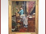 un tableau représentant une femme assise à un bureau devant un miroir