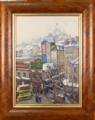 an image of a painting of a city street with a bus in the foreground