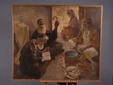 a painting of a man holding a picture of a group of people