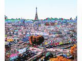 une image représentant un tableau d'une ville avec une tour en arrière-plan
