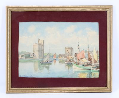 une image représentant un tableau montrant des bateaux dans un port, avec un château en arrière-plan