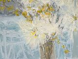 a painting of flowers in a vase on a table
