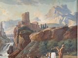 a painting of a castle on a mountain with a waterfall