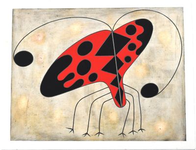 une image représentant un insecte rouge et noir sur un fond beige