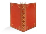 un livre rouge avec des bordures dorées et un nœud sur le dessus