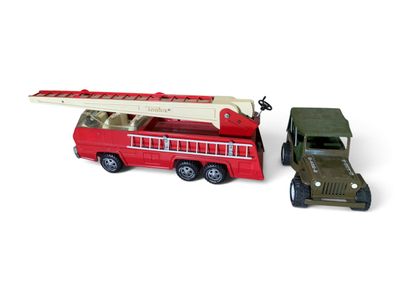 a toy fire truck and a toy truck on a white background