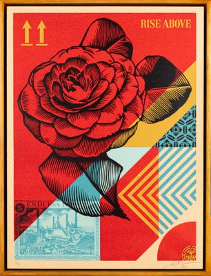 a stamp with a rose on it and a red background