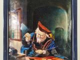 tableau représentant un homme assis à une table avec un verre de vin