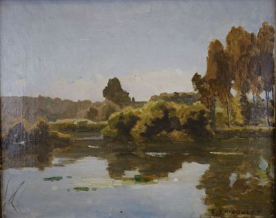 an image of a painting of a river with trees in the background