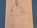 an old drawing of a man sitting on the ground with a cane