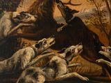 a painting of a woman riding on the back of a horse surrounded by dogs