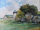 une peinture à l'huile représentant une scène de vie à la ferme avec une grange et un arbre