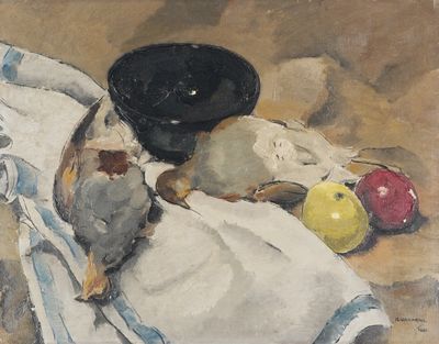 une peinture représentant un bol de fruits posé sur une serviette