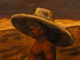 an oil painting of a boy in a large hat standing in a field