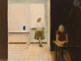 un tableau représentant une femme assise à une table dans une cuisine