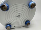 a close up of a white plate with blue trims