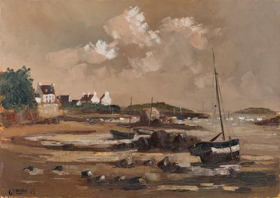 a painting of a boat on the water near a shore