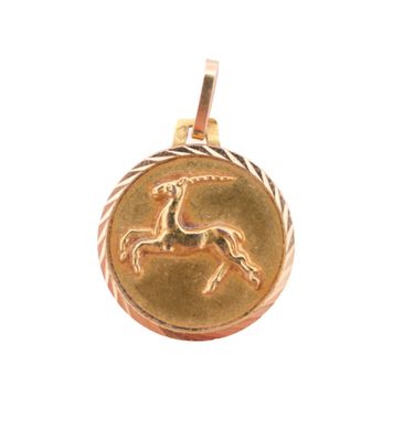 an image of a gold pendant with a horse on it