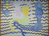 un tableau représentant deux sirènes dans l'eau, avec le soleil au-dessus d'elles