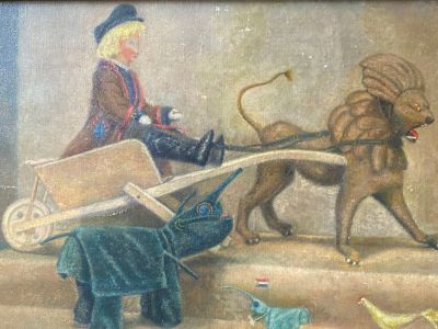 un tableau représentant un garçon et un chien tirant une charrette sur laquelle se trouve un lion