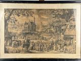painting of a village scene with a crowd of people and a church