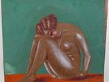 painting of a woman with a monkey on her back sitting in front of a painting of a dog