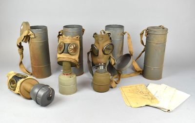 an image of a group of gas masks and other items
