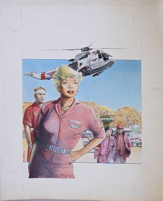 painting of a woman in a pink uniform standing in front of a helicopter