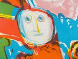 an image of a painting of a clown with a red hat