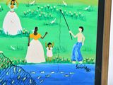 a painting of people fishing in a pond with a net